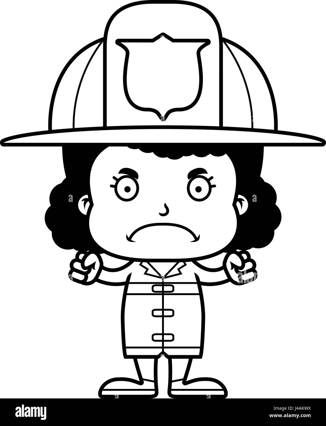 Un cartoon pompiere ragazza cercando arrabbiato. Illustrazione Vettoriale