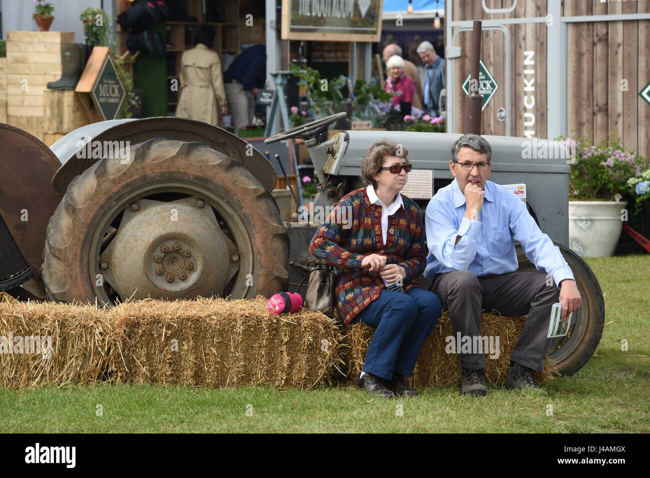 Giovane rilassante accanto al vecchio vintage trattore Ferguson a Malvern Visualizza Regno Unito 2017 Foto Stock