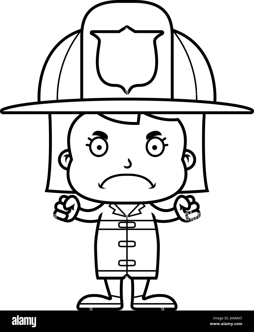 Un cartoon pompiere ragazza cercando arrabbiato. Illustrazione Vettoriale