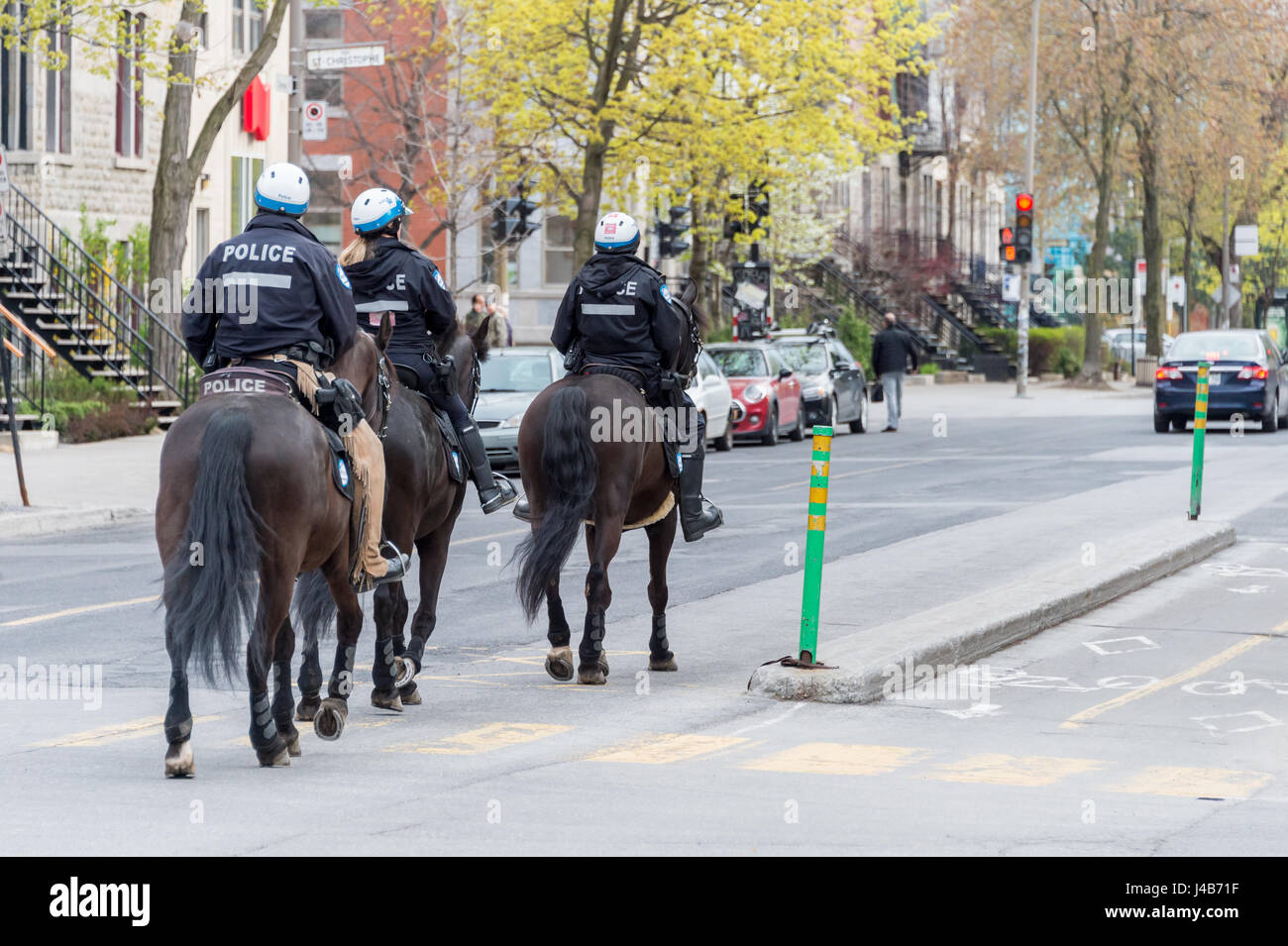 Montato a cavallo di polizia sulla Sherbrooke Street, a Montreal, Provincia di Quebec, Canada Foto Stock