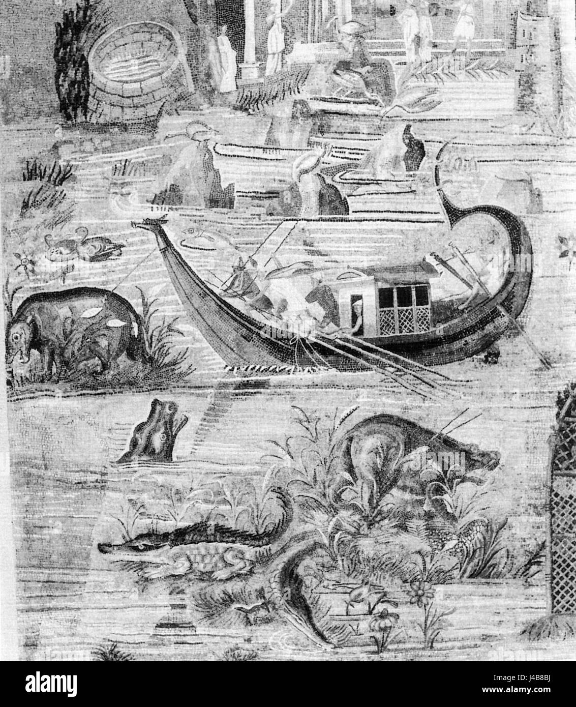 Le sezioni 12 e 18 del mosaico sul Nilo di Praeneste raffigurano scene della vita dell'antico Egitto, offrendo approfondimenti sui costumi storici e sulle attività quotidiane. Foto Stock