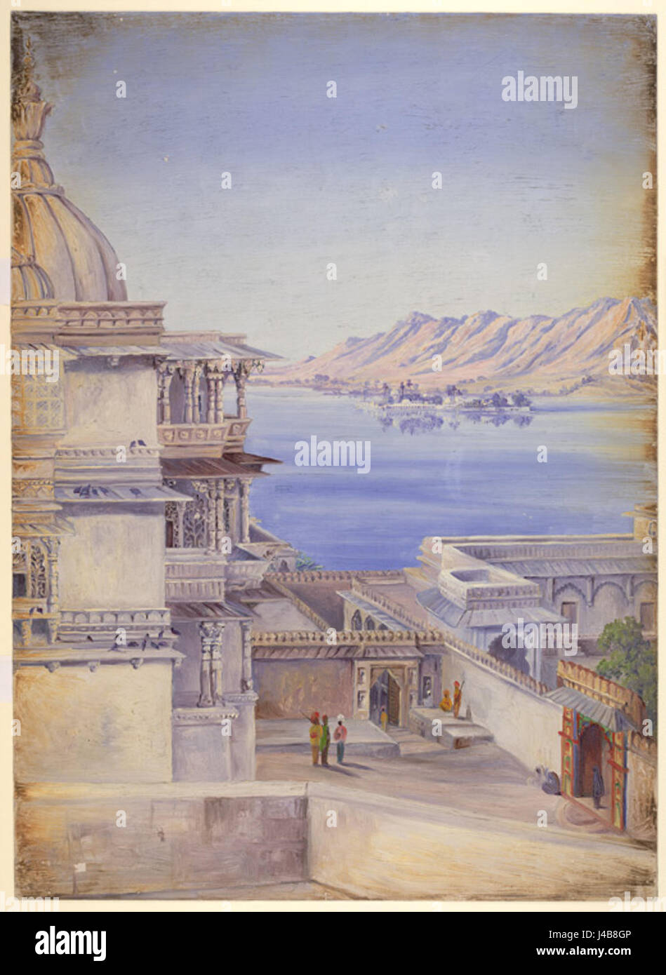 Il lago Pichola e l'isola di Jagmandir a Udaipur, in India, sono caratteristiche iconiche del paesaggio della città. Questa fotografia storica del dicembre 1878 cattura la bellezza serena del lago e del palazzo di islandÂ. Foto Stock