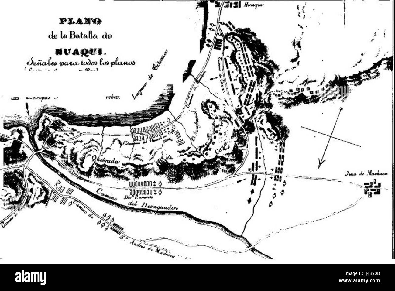 Plano Huaqui si riferisce a una mappa storica o a un progetto, potenzialmente correlato alla regione di Huaqui, probabilmente in Sud America. La mappa può rappresentare caratteristiche territoriali, geografiche o politiche rilevanti per gli studi storici. Foto Stock