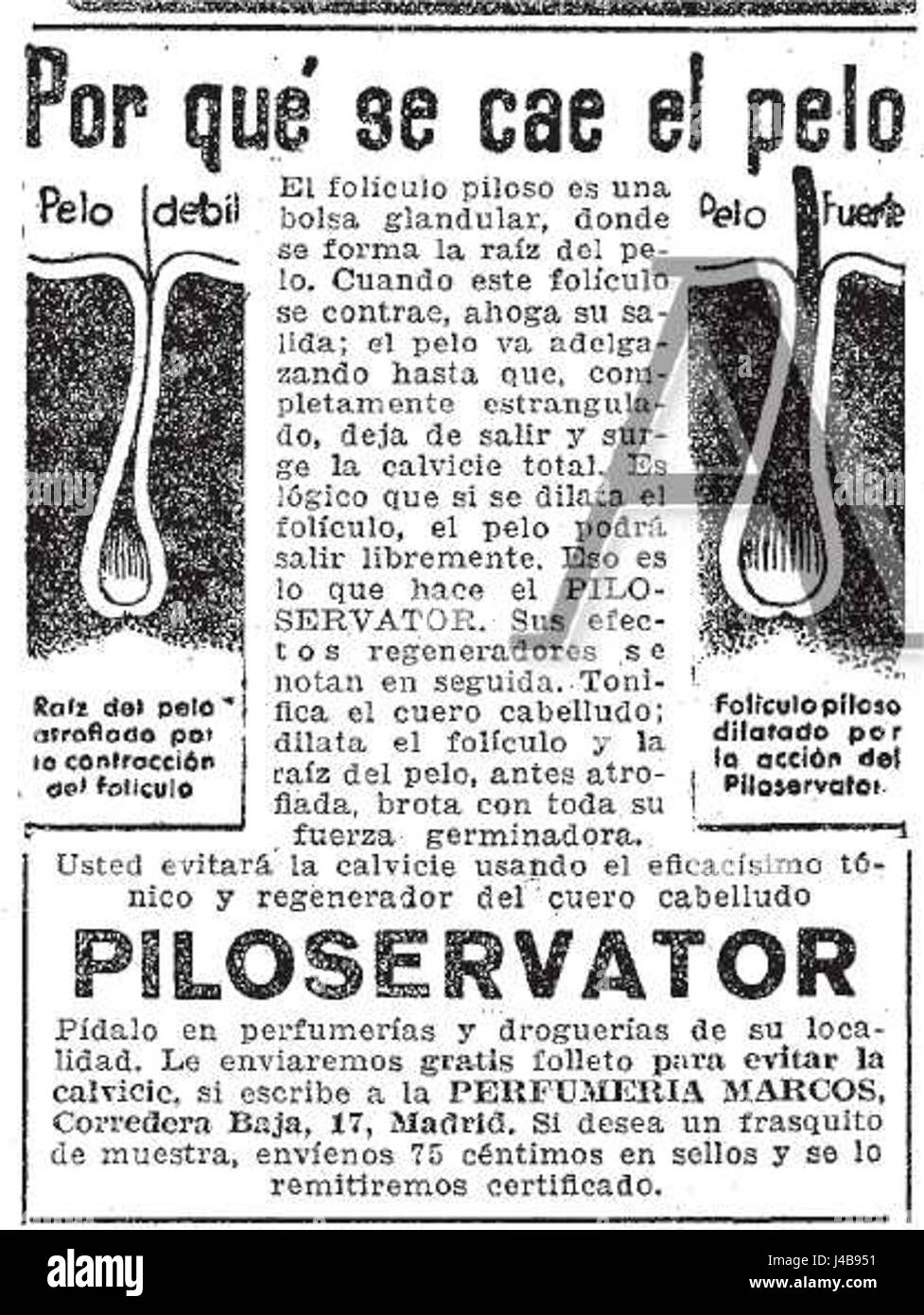 Piloservator era un prodotto per il trattamento del cuoio capelluto pubblicizzato nel 1935. È stato commercializzato come una soluzione rigenerante del cuoio capelluto progettata per migliorare la salute dei capelli affrontando la perdita dei capelli e stimolando la crescita dei capelli. Foto Stock