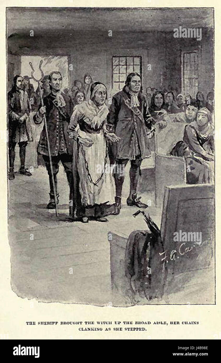 Questo dipinto o immagine storica rappresenta Rebecca Nurse, una delle accusate nei processi alle streghe di Salem, raffigurata in catene. Mette in evidenza il suo arresto e la persecuzione che ha affrontato durante i processi alla fine del XVII secolo. Foto Stock