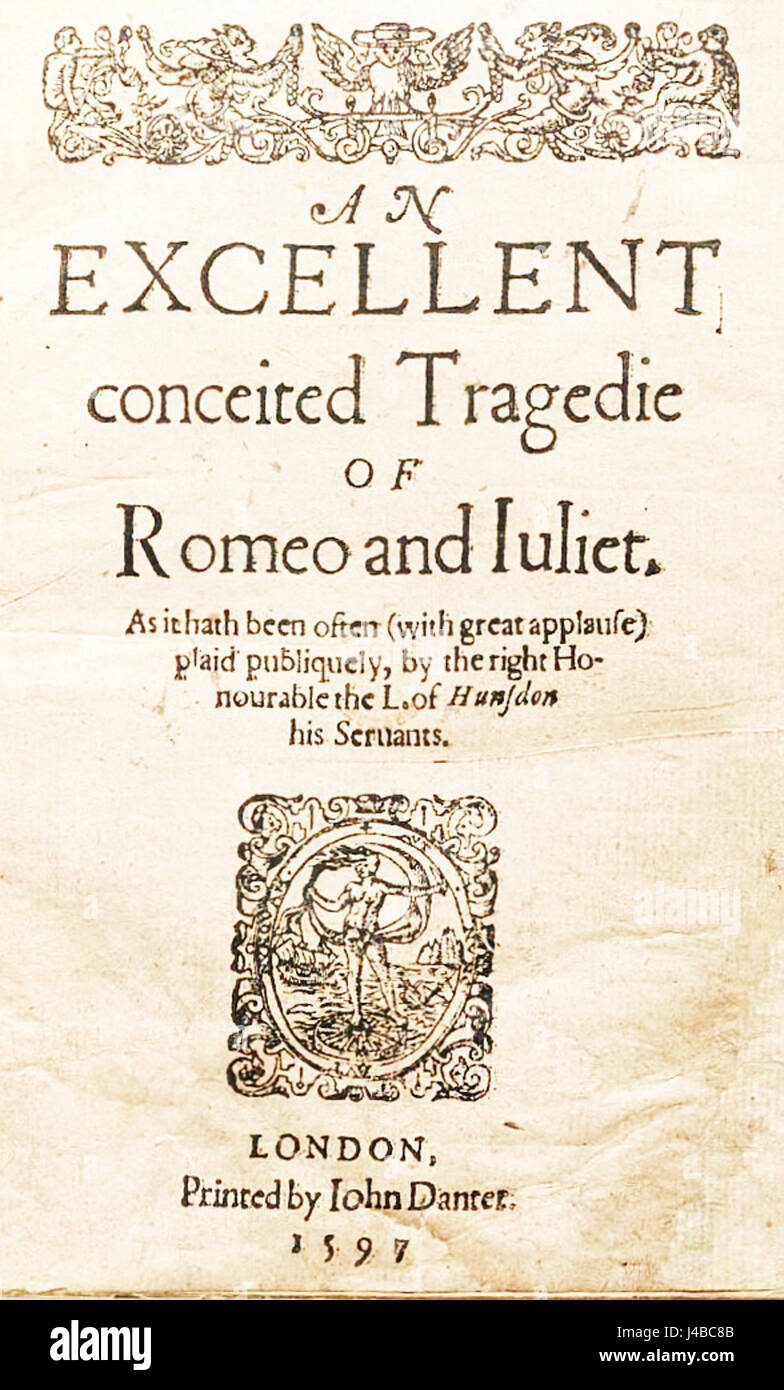 Questa immagine illustra l'edizione 1597 di Shakespeareâ€™S "Romeo e Giulietta". Il dramma è una delle tragedie più famose, esplorando temi di amore, destino e tragedia. Foto Stock