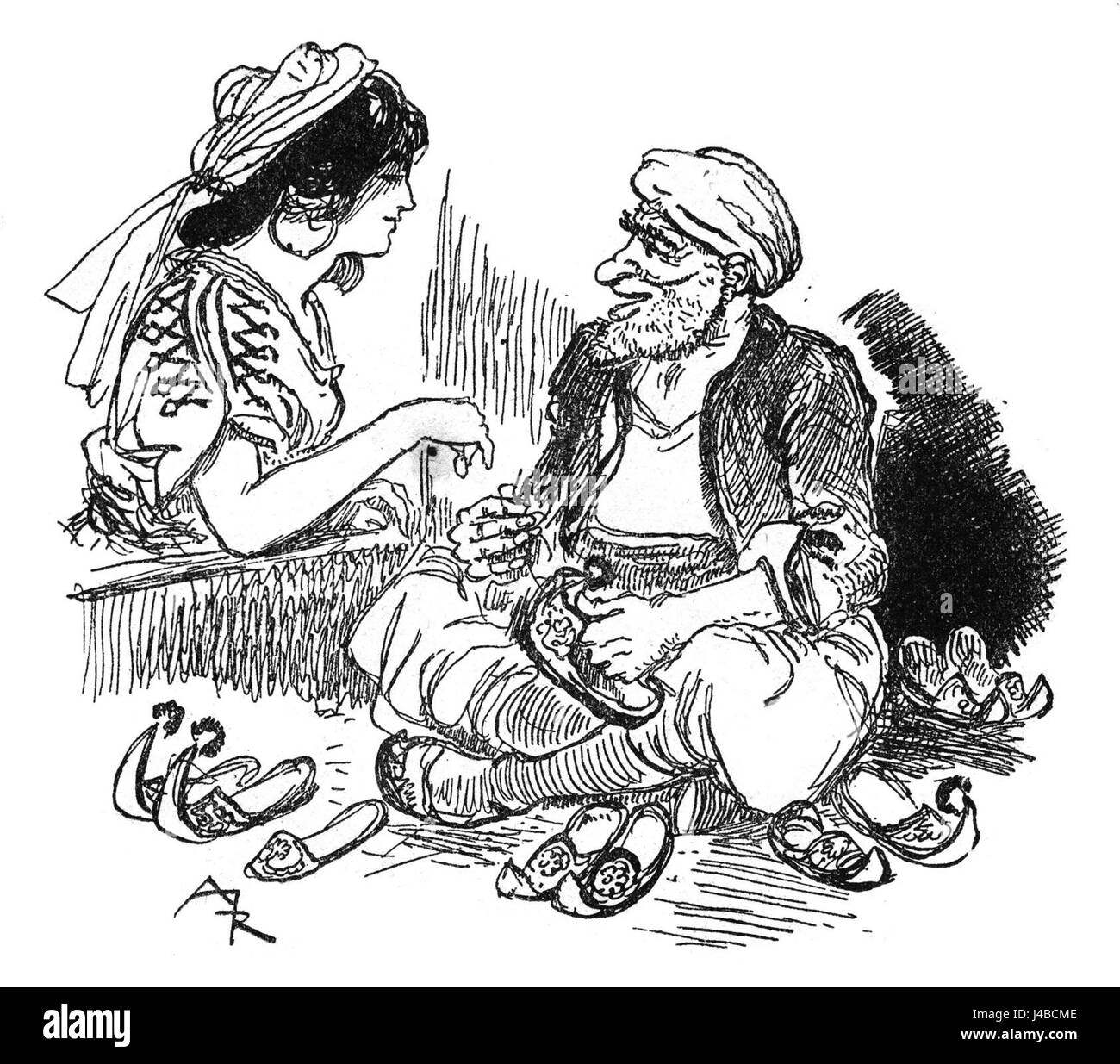 L'illustrazione raffigura una scena della storia di Ali Baba in un'opera dell'artista francese Albert Robida. Nota per le sue incisioni dettagliate, l'opera d'arte di Robidaâ è una rappresentazione visiva di scene del famoso racconto popolare mediorientale. Foto Stock