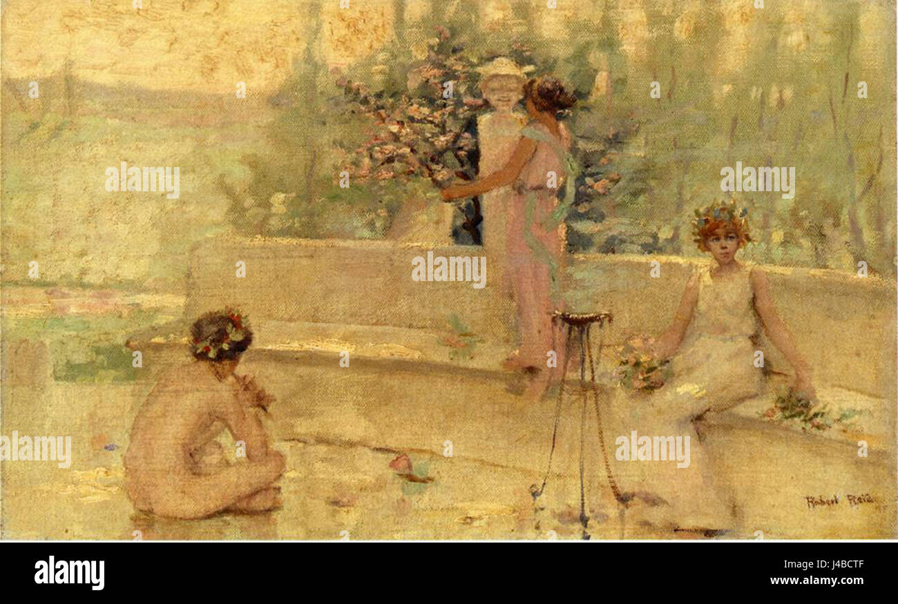 "Tre figure in un giardino all'italiana" è un'opera di Reid Robert Lewis, raffigurante una scena di tre individui in un pittoresco giardino all'italiana. Il dipinto cattura la serena bellezza del paesaggio e della cultura italiana. Foto Stock