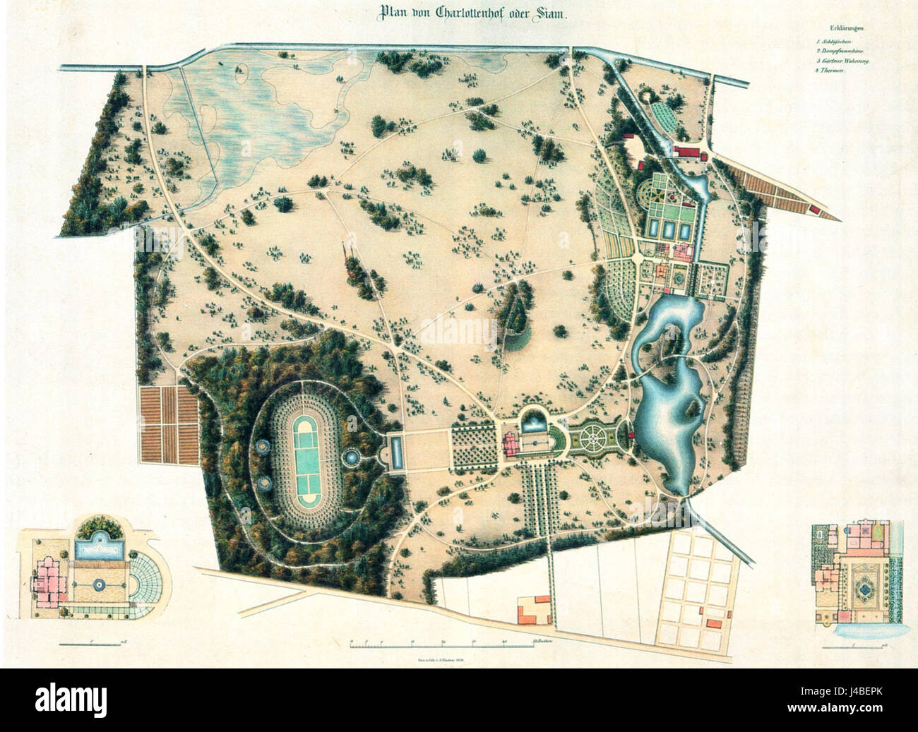 Questo progetto di Gerhard Koerber, basato sul progetto di Lenneâ del 1839, illustra la disposizione di Charlottenhof, una storica tenuta a Potsdam, in Germania. Foto Stock