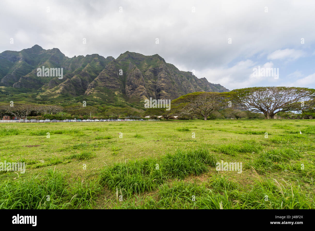 Kualoa Ridge Mountains sul lato sopravento di Oahu Hawaii Foto Stock