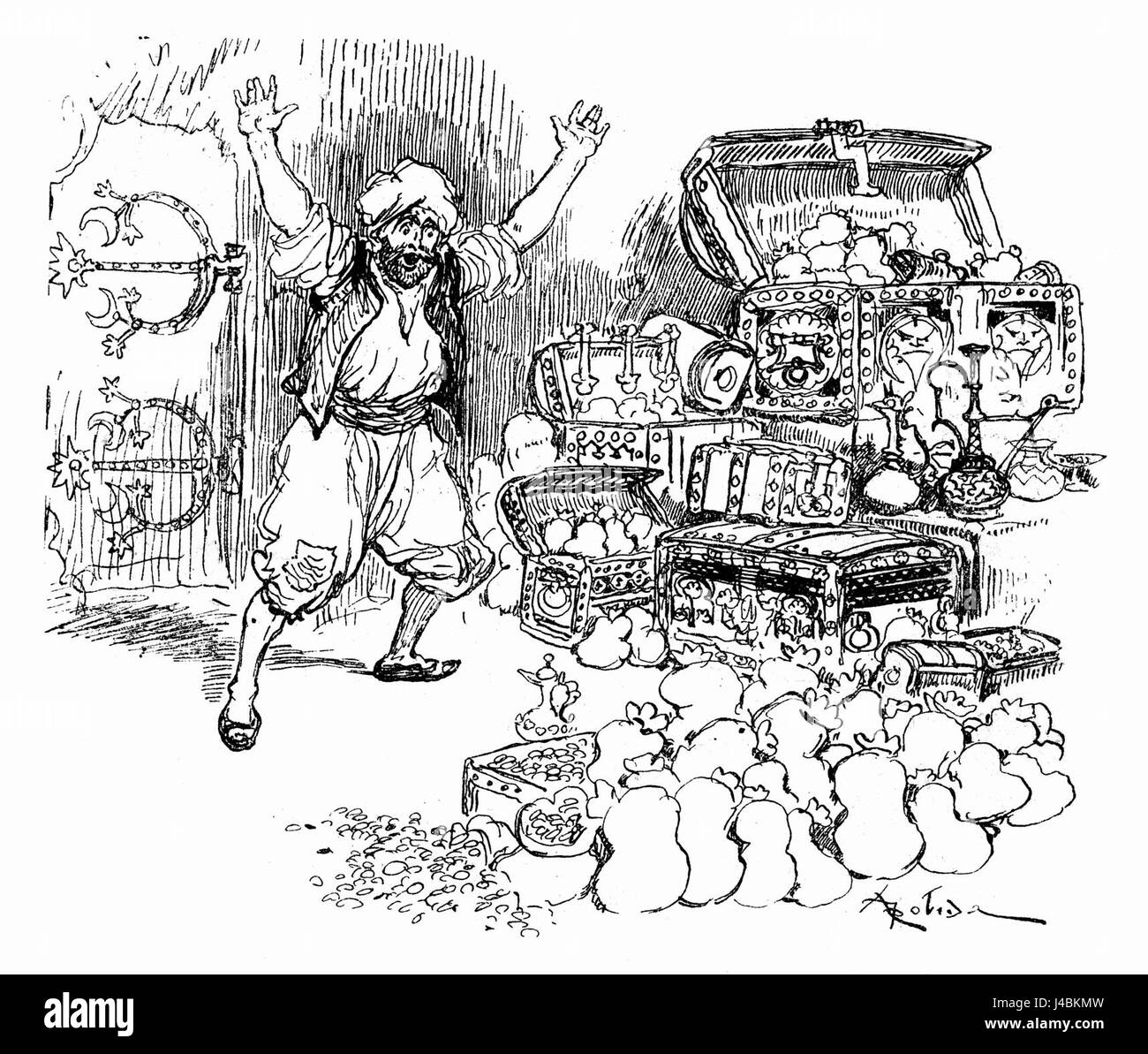 L'opera di Robida, raffigurante Ali Baba, è basata sul classico racconto popolare mediorientale di â˜Ali Baba e i Quaranta Thievesâ€™. Cattura scene di avventura, tesoro e l'eroica figura di Ali Baba mentre affronta i ladri in una pagina riccamente illustrata del romanzo. Foto Stock