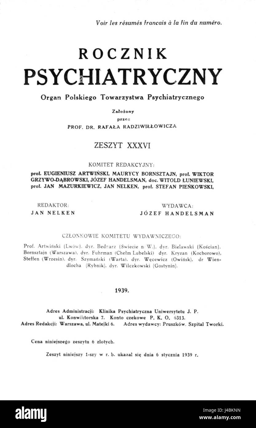 Rocznik Psychjatryczny 36 (1939) Foto Stock