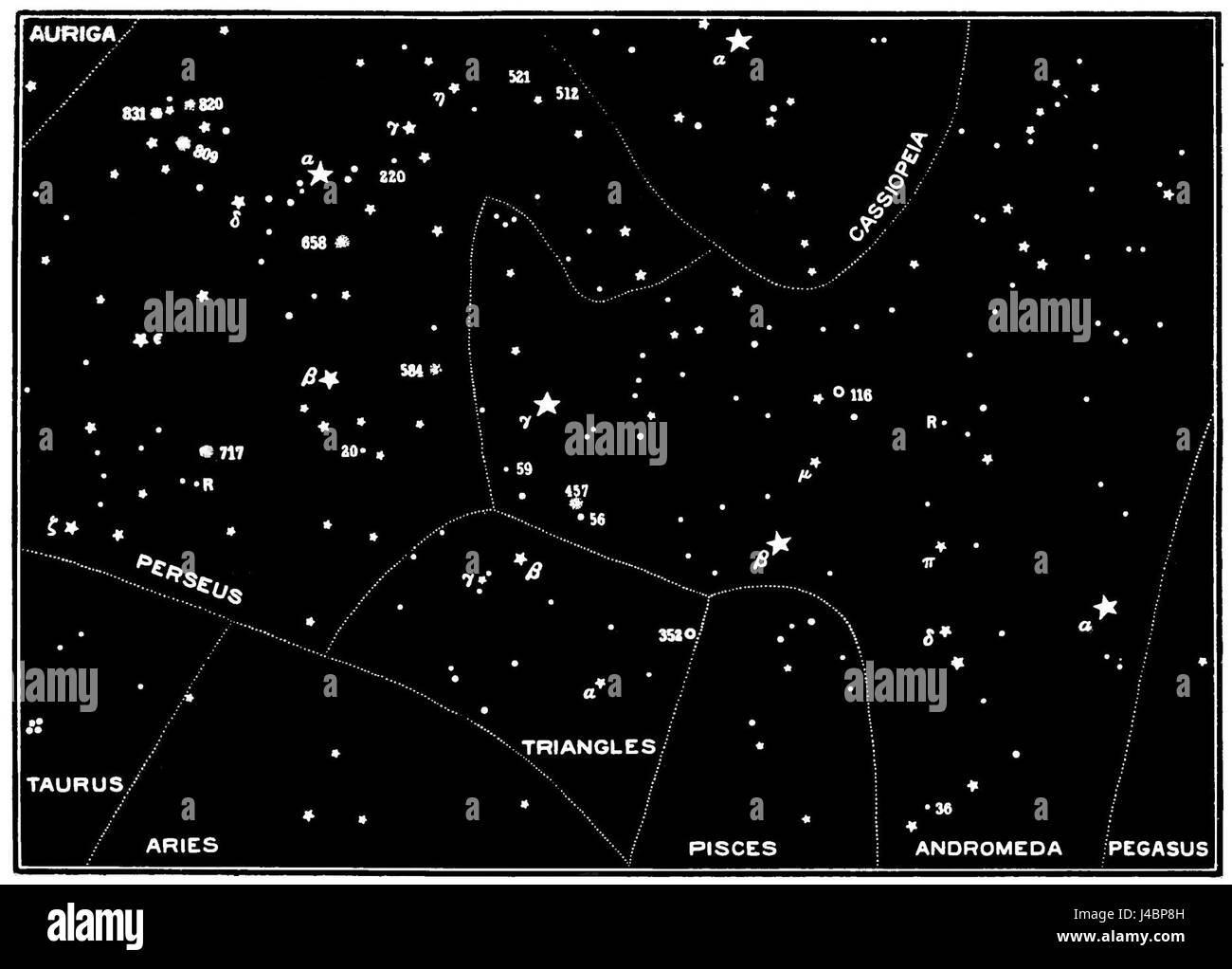La mappa "meraviglie del cielo notturno" in PSM V47 D808 mostra vari oggetti celesti e costellazioni visibili dalla Terra, fornendo una guida per osservare il cielo notturno. Foto Stock