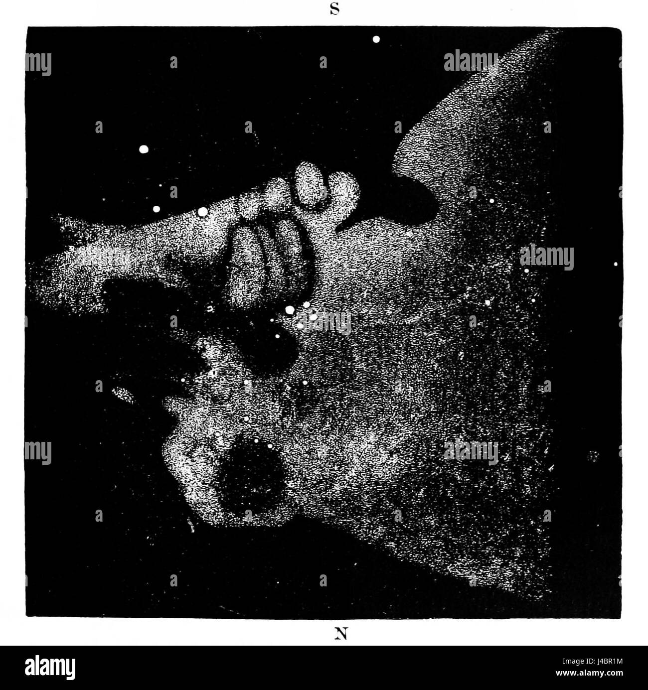 L'immagine raffigura la Nebulosa di Orione (M42), una delle nebulose più luminose e studiate del cielo notturno. È un vivaio stellare, dove nascono nuove stelle, situato nella costellazione di Orione, ed è stato oggetto di studio astronomico fin dalla sua scoperta nel XVIII secolo. Foto Stock