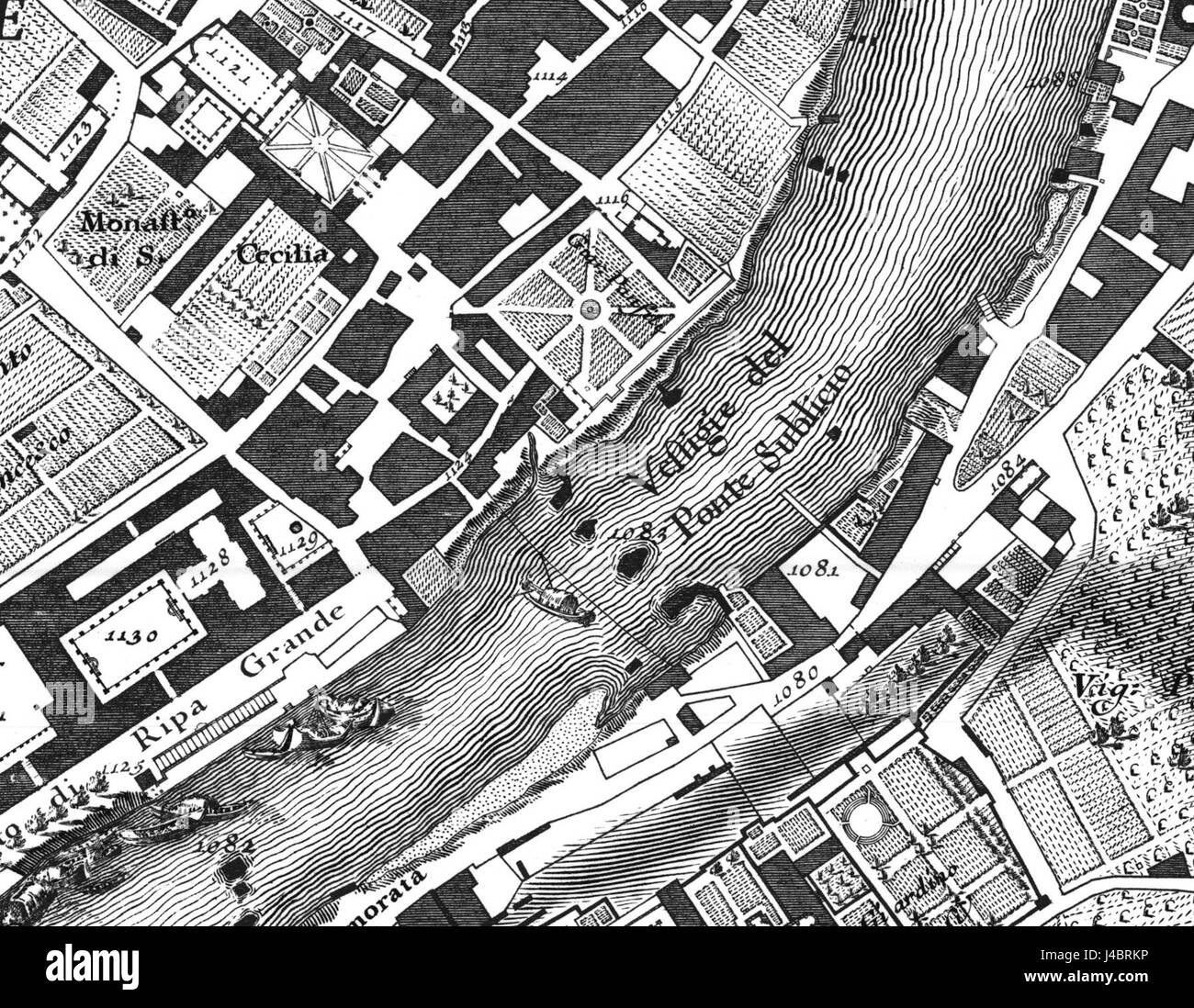 Questo riferimento probabilmente fa riferimento ad una mappa storica di Giambattista Nolli, che presenta il Ponte Sublicio a Roma, un significativo ponte antico. La mappa mette in evidenza l'architettura romana e la pianificazione della città. Foto Stock