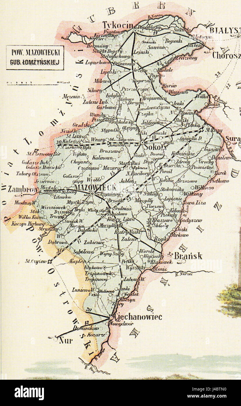 Powiat mazowiecki na mapie z 1907 roku Foto Stock