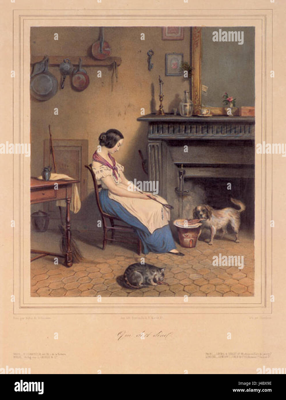 Questo lavoro raffigura una scena ambientata a Raunheim, probabilmente ispirata al ritratto di Valloud de Villeneuveâ di una cameriera della cucina. Si tratta probabilmente di un dipinto storico o di genere che esplora la vita domestica nei tempi precedenti, concentrandosi su un momento tranquillo e intimo all'interno dei confini di una cucina. Foto Stock