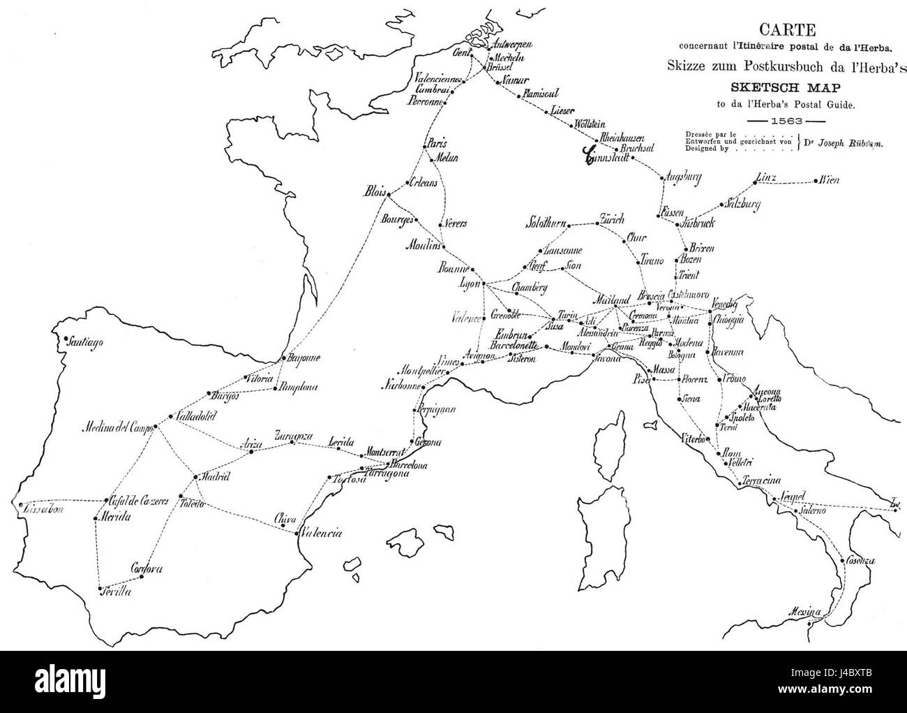 Postkurse 1563 si riferisce a un riferimento storico ai servizi postali nel 1563. Può riguardare le prime fasi dei sistemi postali organizzati in Europa, che descrivono in dettaglio la logistica, le rotte e lo sviluppo dei servizi postali in quel periodo. Ciò è importante per comprendere la comunicazione e le infrastrutture nella prima Europa moderna. Foto Stock