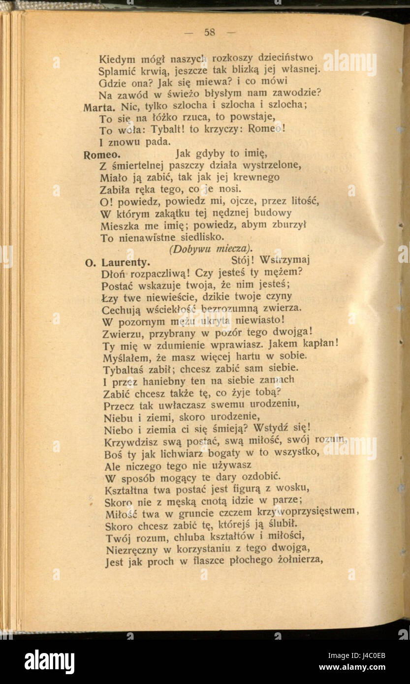 *Romeo i Julia* è la traduzione polacca della tragedia classica di William Shakespeare *Romeo e Giulietta*. L'opera raffigura la sfortunata storia d'amore di due giovani amanti di famiglie in lotta. I temi senza tempo dell'amore, del conflitto e del destino sono centrali in questa tragica narrazione. Foto Stock