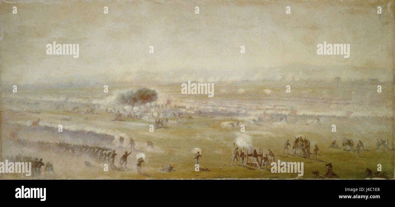 La carica di Pickett è un evento iconico durante la battaglia di Gettysburg nella guerra di secessione americana. Raffigurata da Edwin Forbes, la carica fu un momento cruciale della battaglia, dove le forze confederate attaccarono direttamente le linee dell'Unione. L'illustrazione di Forbes cattura l'intensità e l'eroismo dei soldati coinvolti in questa carica storica. Foto Stock