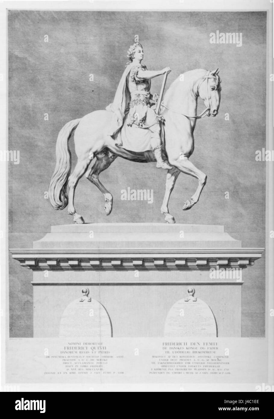 Questa incisione di Preisler raffigura la statua equestre di Saly, un'importante scultura riconosciuta per il suo significato artistico e storico, che mette in risalto l'artigianato e il design delle statue equestri. Foto Stock