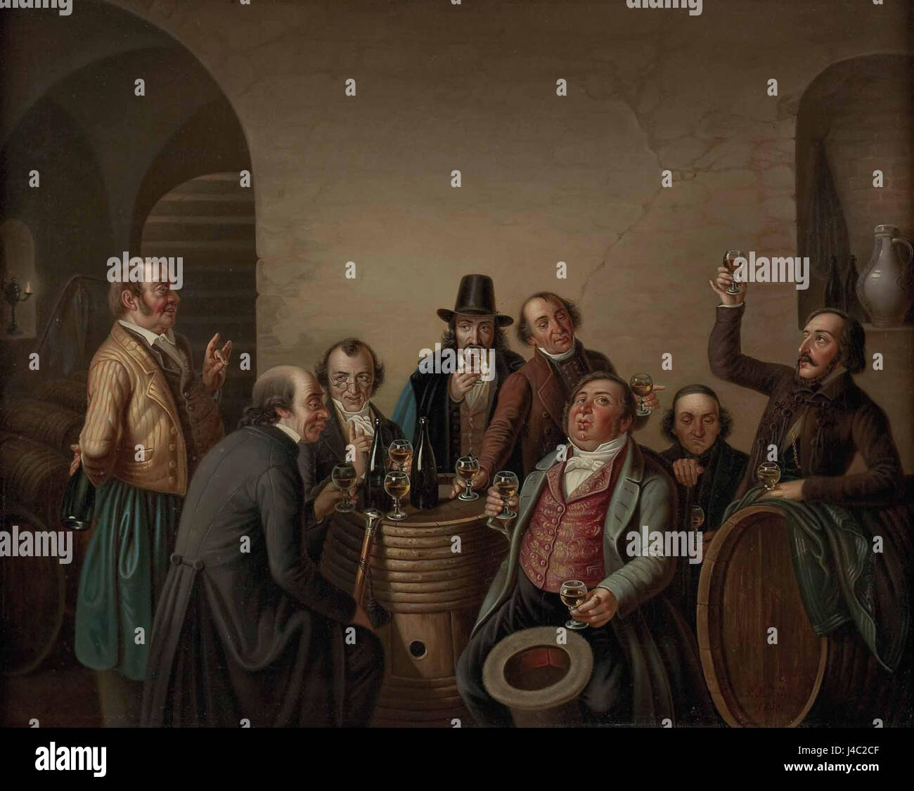 "Die Weinverkostung" di Peter Michael Bohun, creato nel 1838, raffigura una degustazione di vini, che riflette le pratiche culturali del XIX secolo che circondano gli incontri sociali e l'arte di apprezzare il vino. Foto Stock