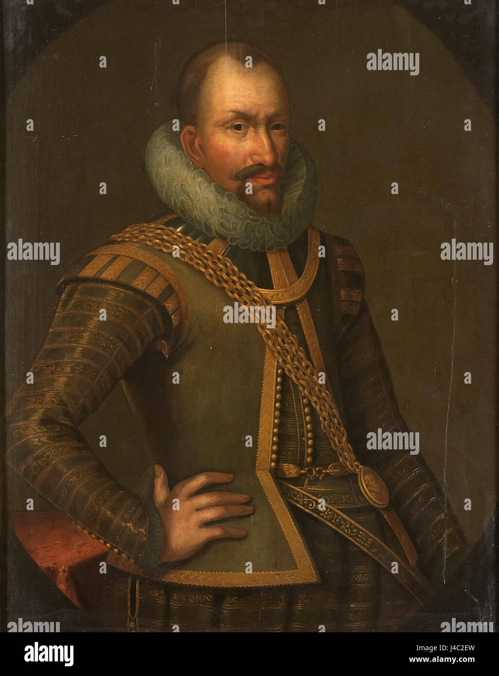 Questo ritratto probabilmente raffigura Gerard Reynst, una figura storica, forse un mercante o diplomatico olandese, noto per i suoi collegamenti con la compagnia olandese delle Indie Orientali. Foto Stock