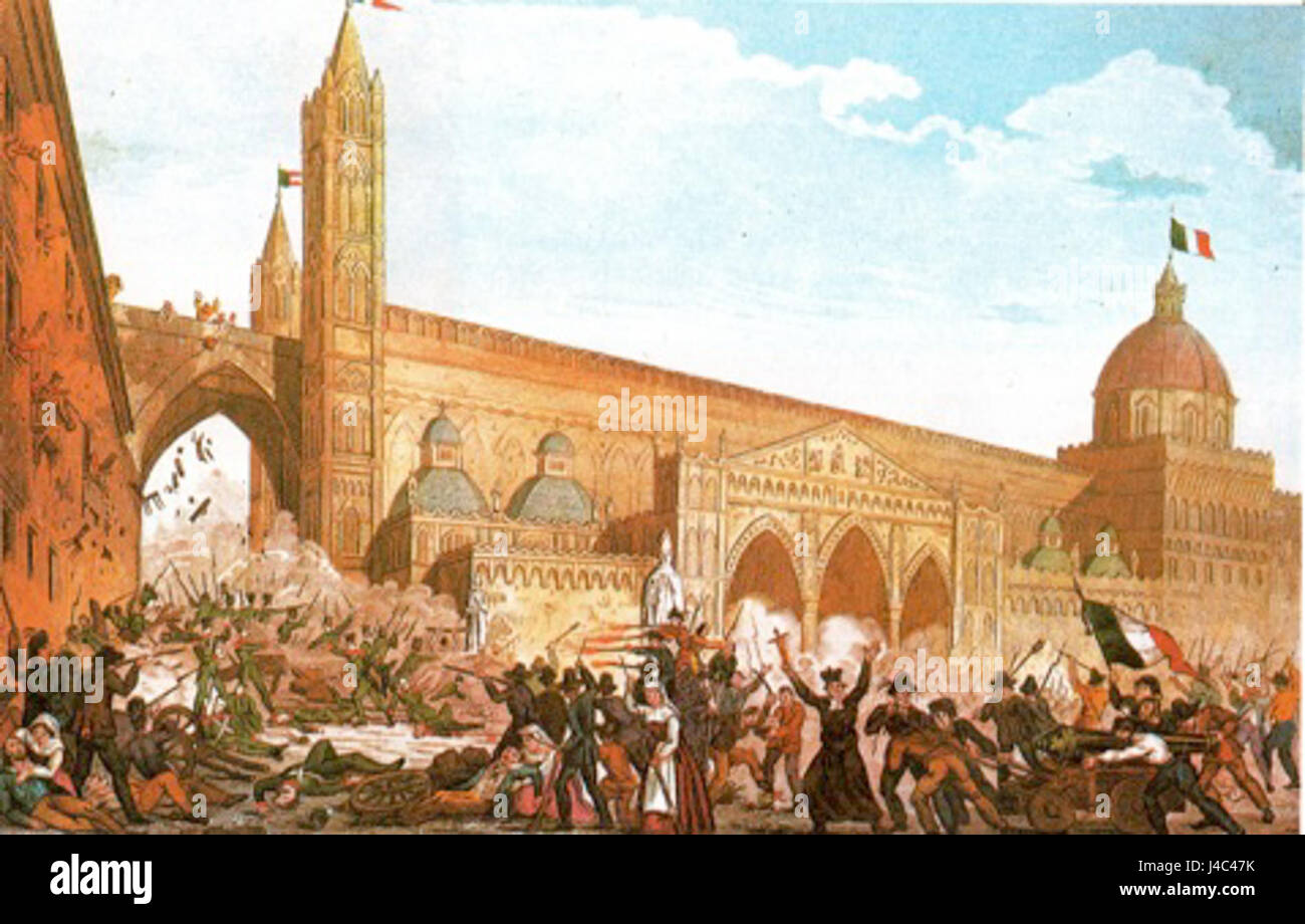 Questa immagine storica raffigura la rivolta di Palermo del 1848, parte delle più ampie rivoluzioni italiane, evidenziando i disordini sociali e le lotte politiche del tempo. Foto Stock