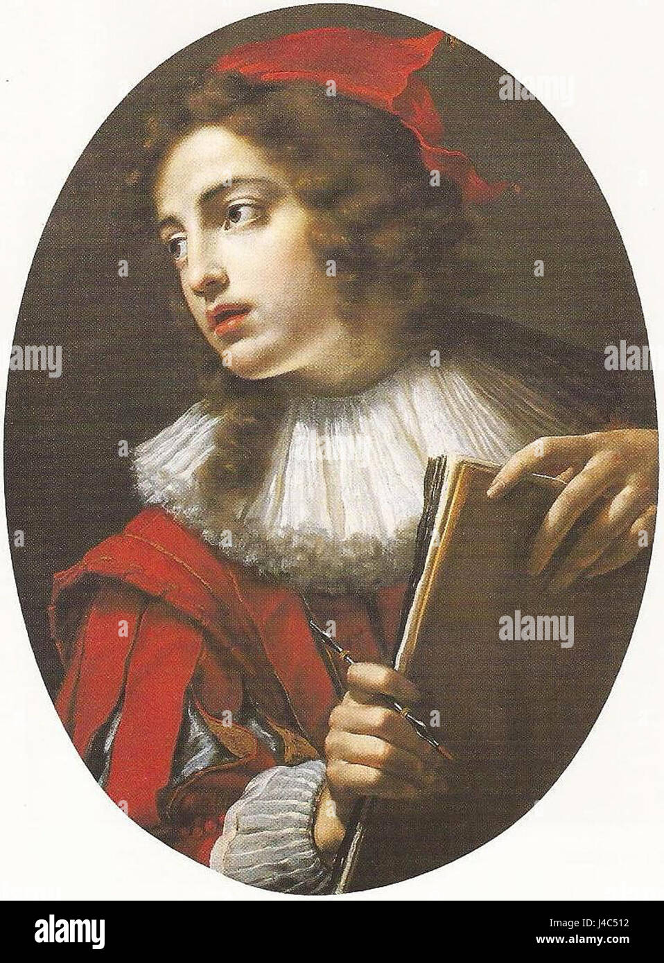 Questo ritratto raffigura un pittore, che cattura le somiglianze e l'essenza di un artista in uno stile tradizionale o classico, riflettendo l'identità o il ruolo dell'artistâ nel mondo dell'arte. Foto Stock