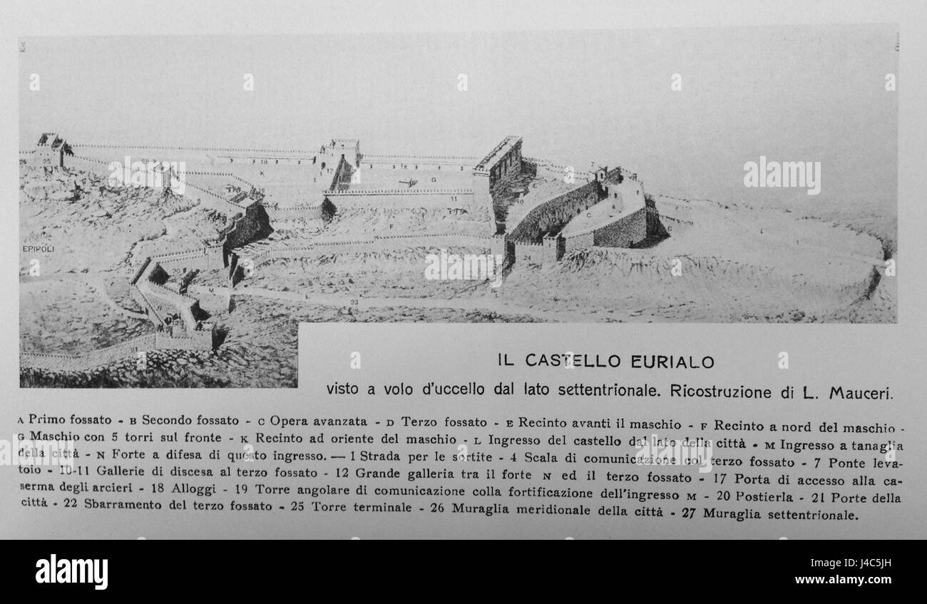 La ricostruzione del Castello Eurialo, situato a Siracusa, Italia, si concentra sulla conservazione delle caratteristiche storiche e architettoniche di questa antica fortezza. Costruita nel IV secolo a.C., faceva parte del sistema difensivo dell'antica città. Il sito offre approfondimenti sull'architettura militare greca e sulla storia della città durante il periodo classico. Foto Stock