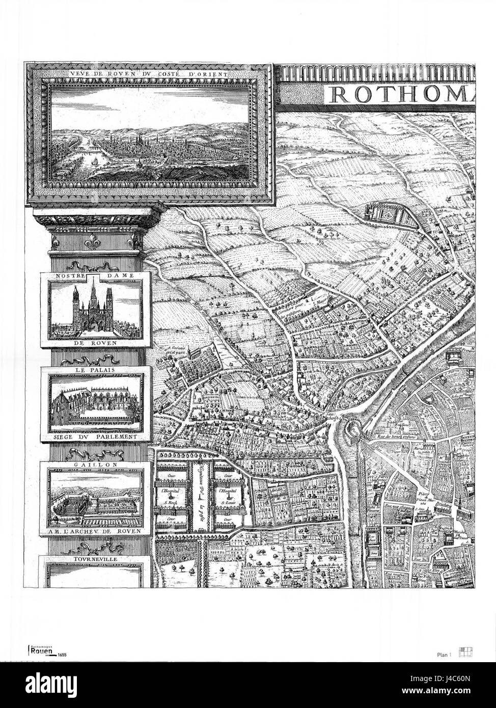 Questa mappa storica del 1655 mostra la parte nord-occidentale di Rouen, in Francia. Mette in risalto il layout urbano e le caratteristiche significative della città durante il XVII secolo. Foto Stock