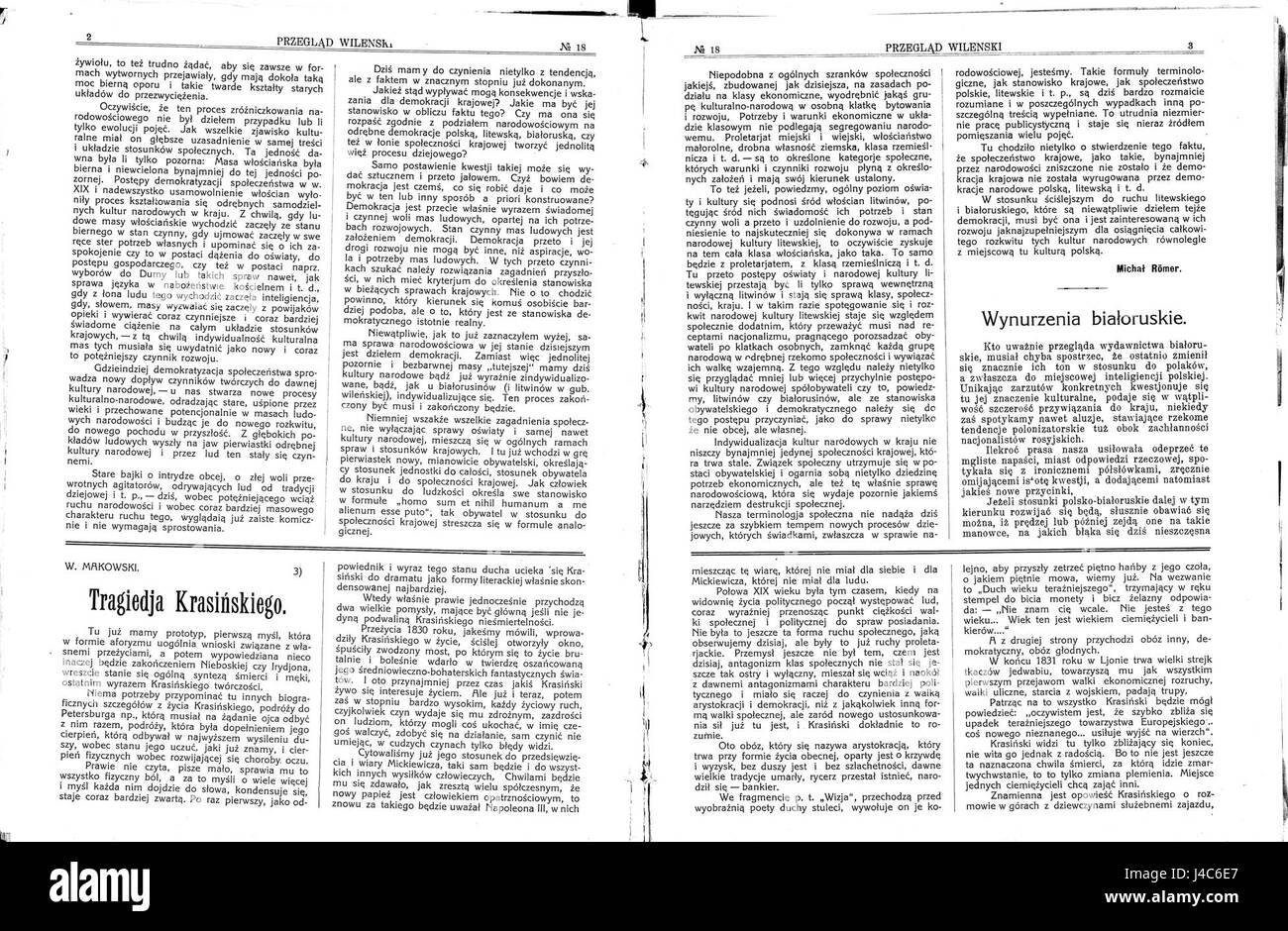 "PrzeglÄ…d WileÅ„ski" era un giornale storico polacco di Vilnius. Il numero specifico del 1912 (n. 18, pagine 2 e 3) contiene articoli su argomenti politici e sociali rilevanti per le comunità polacche e lituane dell'inizio del XX secolo. Foto Stock