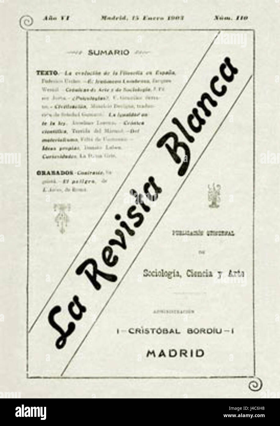 Revista Blanca è una pubblicazione in lingua spagnola che probabilmente si concentra su argomenti culturali, politici o sociali. Il termine blanca si traduce in bianco in inglese, probabilmente indicando un tema di purezza, chiarezza o rappresentazione immacolata nel contenuto della rivista. Foto Stock