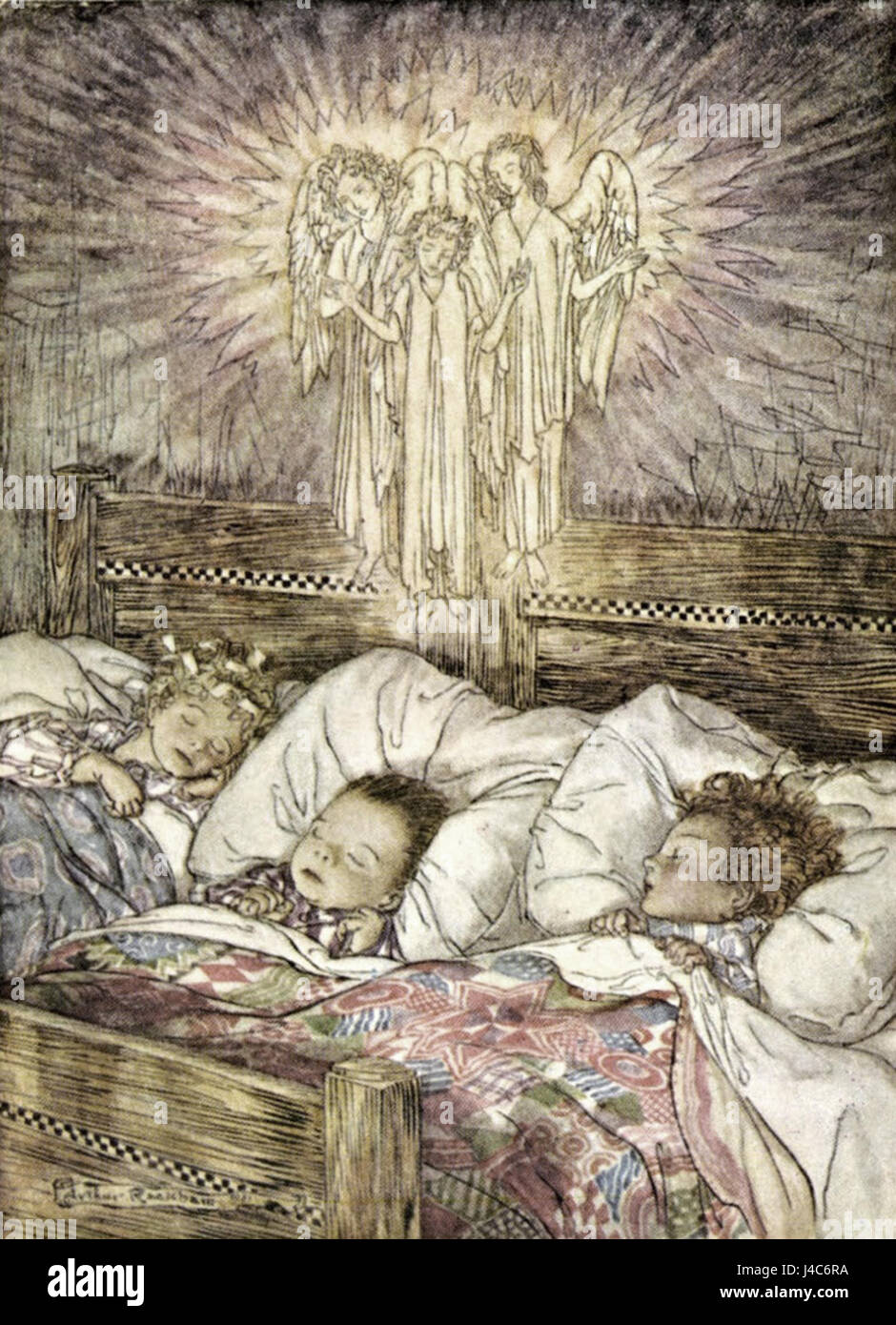 L'illustrazione di Rackham "bambini addormentati" è una rappresentazione di bambini in un tranquillo sonno. Noto per le sue illustrazioni dettagliate e fantastiche, il lavoro di Rackhamâ cattura l'innocenza e la tranquillità dell'infanzia attraverso un obiettivo delicato e fantasioso. Foto Stock