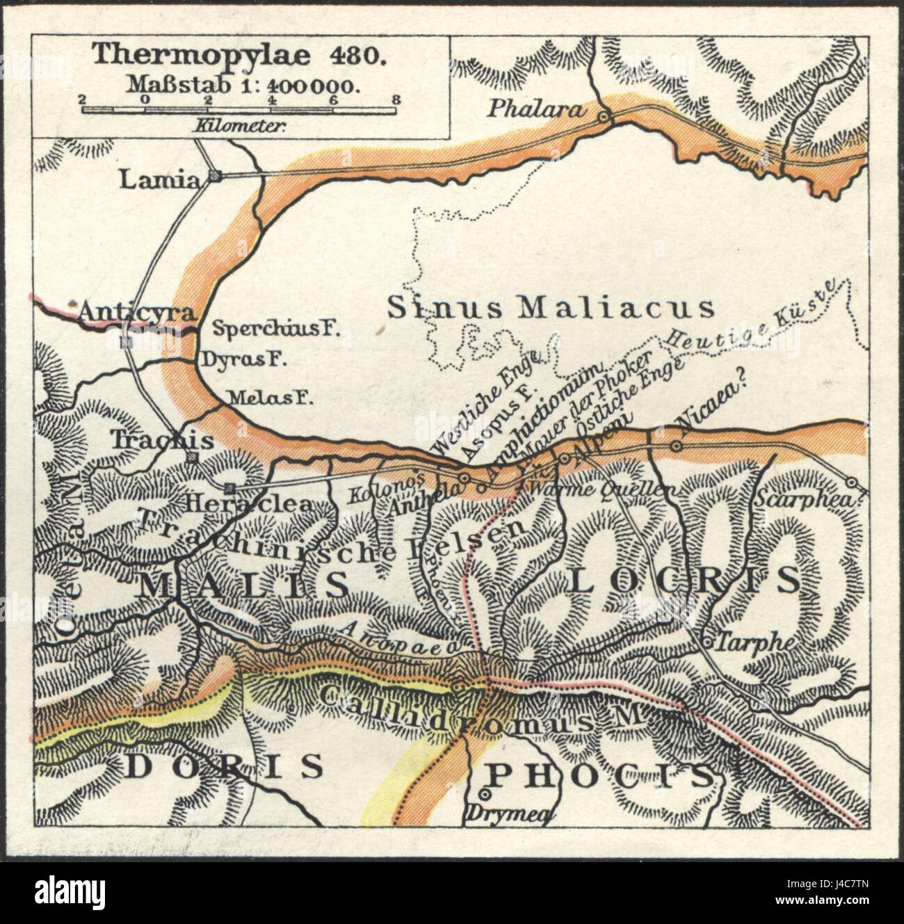 Il riferimento alle Termopili si riferisce probabilmente alla famosa battaglia delle Termopili, come raffigurato da Putzger nelle sue mappe storiche o opere educative, che vengono utilizzate per spiegare eventi storici chiave come il significato della battaglia. Foto Stock