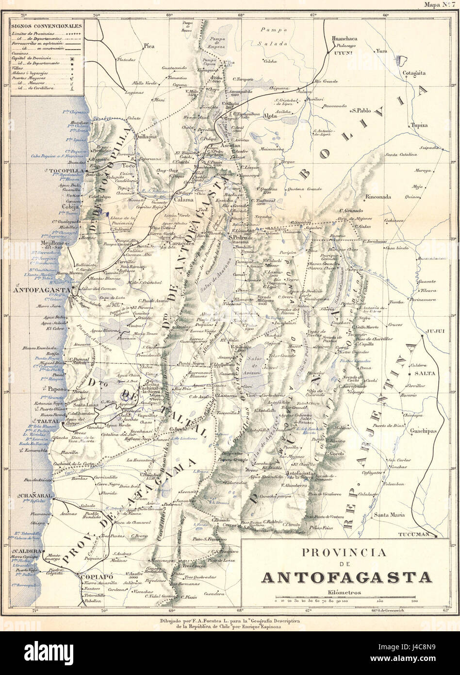 Una mappa storica della provincia di Antofagasta del 1895, che mostra la struttura geografica e l'organizzazione territoriale di questa regione nel nord del Cile. Mette in evidenza le città chiave e le caratteristiche naturali della zona durante la fine del XIX secolo. Foto Stock
