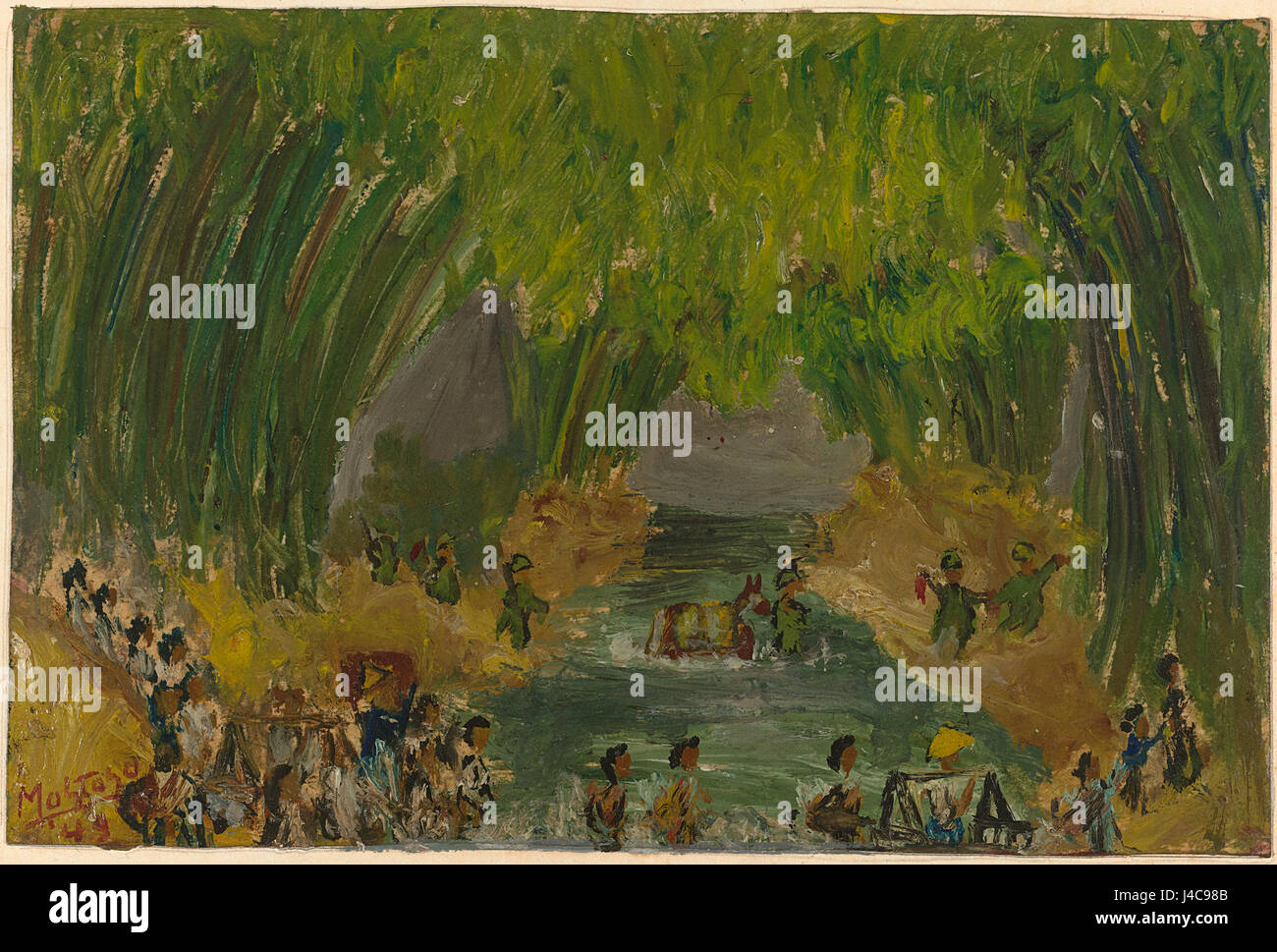 Questa immagine raffigura i guerriglieri repubblicani che lasciano la città, attraversando il fiume "Code" con civili in fuga dopo l'"attacco generale". Riflette il tumulto e lo spostamento durante un evento storico significativo, catturato in una mostra del Rijksmuseum del 1998. Foto Stock