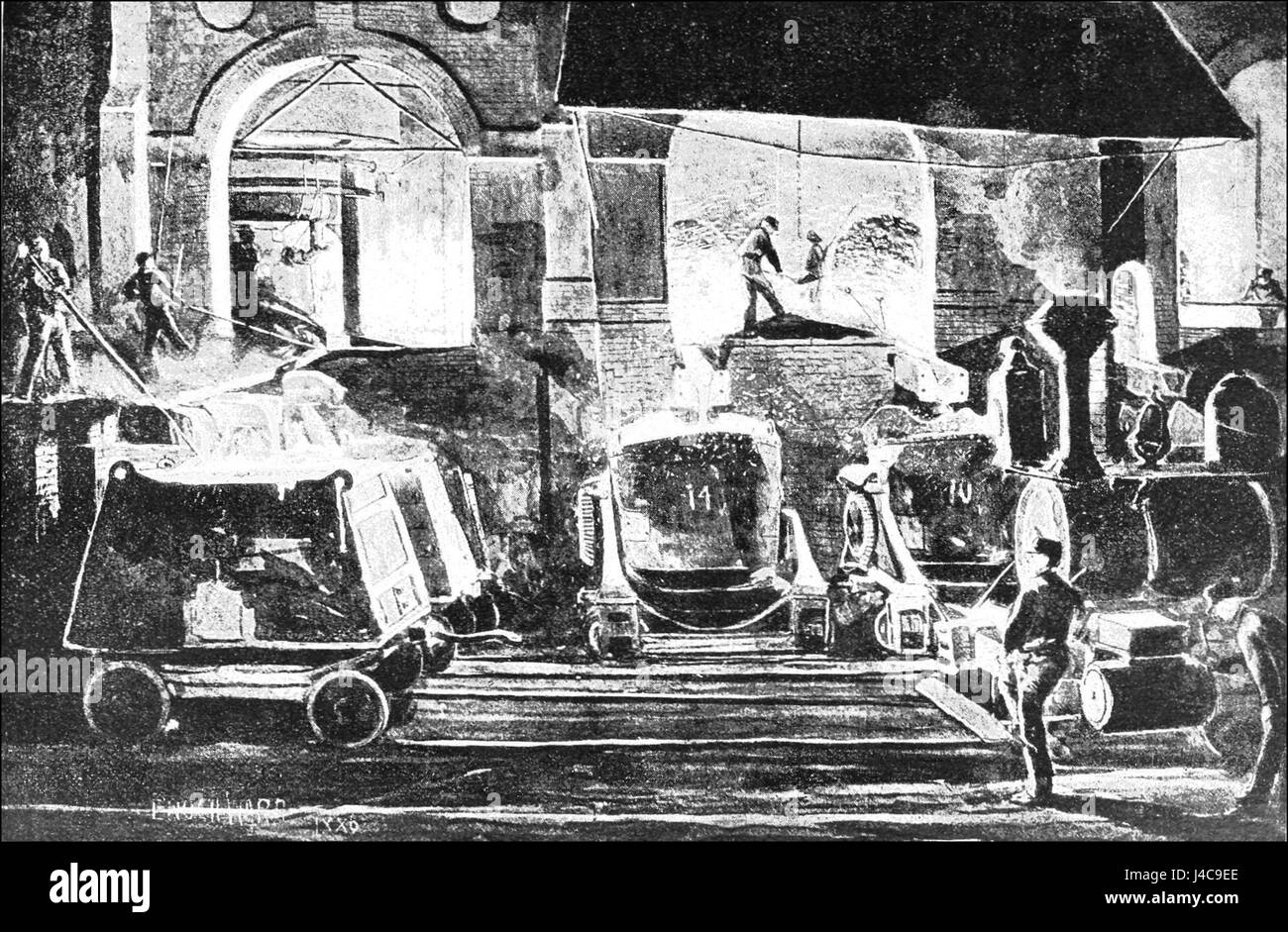 L'immagine mostra una scena notturna fuori da una casting House, che illustra l'atmosfera del lavoro industriale alla fine del XIX secolo, concentrandosi sull'ambiente di lavoro. Foto Stock