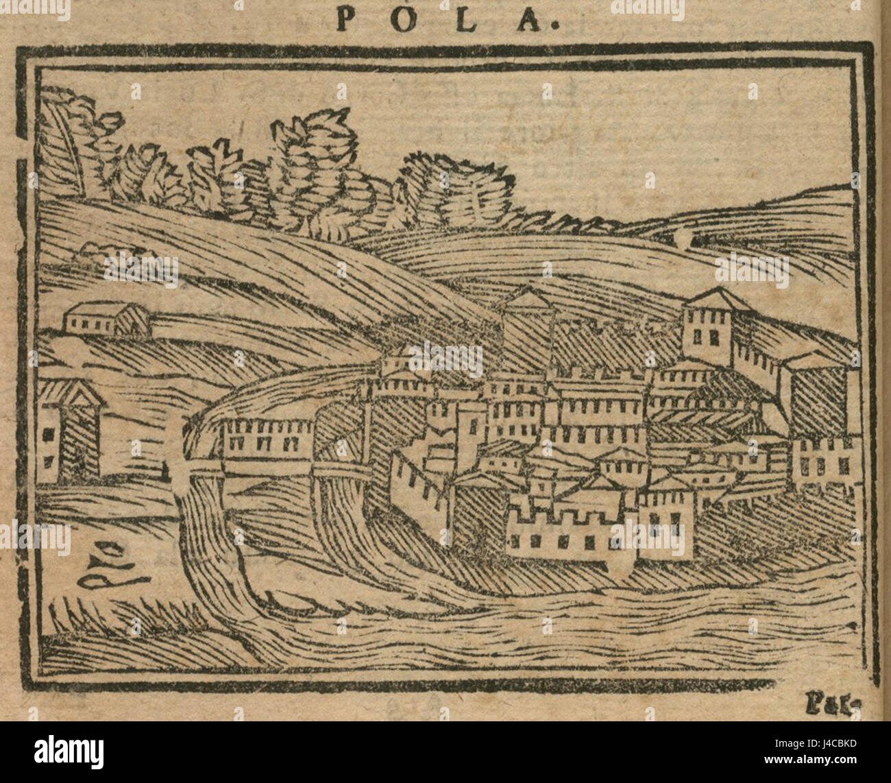 Illustrazione scolpita in legno dal diario di viaggio di Noe bianco del 1600 "viaggio da Venezia al Santo Sepolcro", raffigurante la città di Pola. Foto Stock