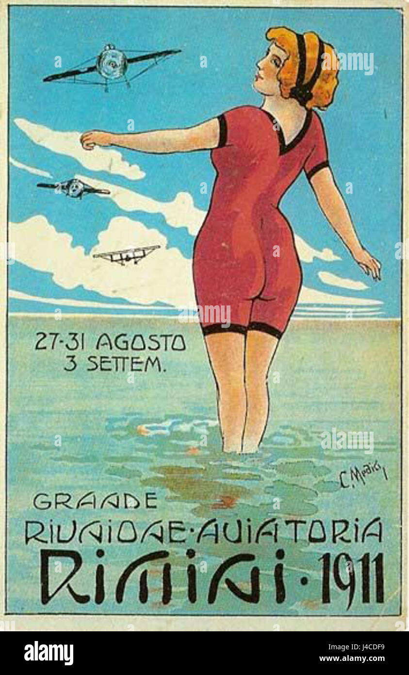 Un poster d'epoca del meeting aereo del 1911 a Rimini, in Italia, che mostra i primi giorni dell'aviazione con esposizioni di aeromobili e tecnologie di volo pionieristiche. Foto Stock