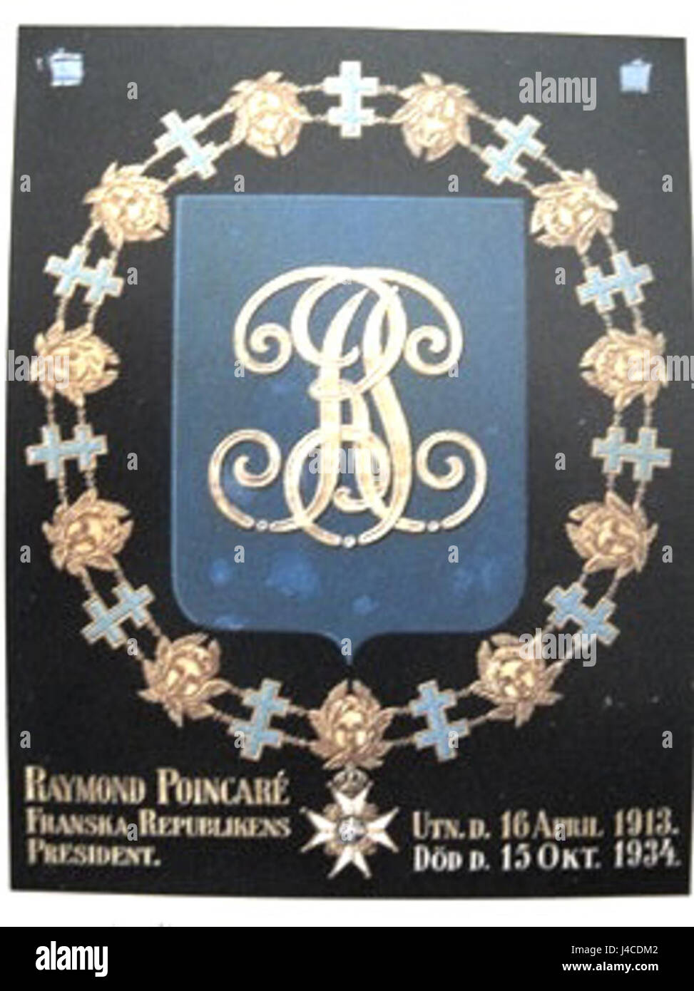 Raymond Poincaré, uno statista francese, servì come presidente della Francia durante la prima guerra mondiale. Noto per la sua leadership nella diplomazia in tempo di guerra, le sue armi si riferiscono alle sue insegne personali e ufficiali che simboleggiano la Repubblica francese. Foto Stock