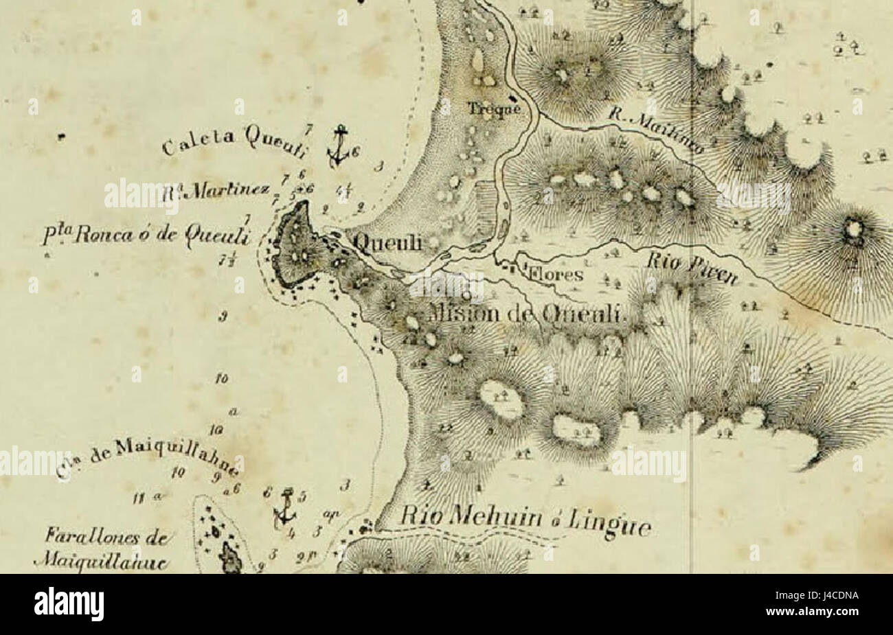 Questa mappa storica di Francisco Vidal Gormaz del 1837 raffigura la regione costiera di Valdivia, in Cile. Fornisce informazioni sulla geografia e sugli insediamenti della zona durante il XIX secolo, riflettendo le caratteristiche costiere e la topografia di quel tempo. Foto Stock