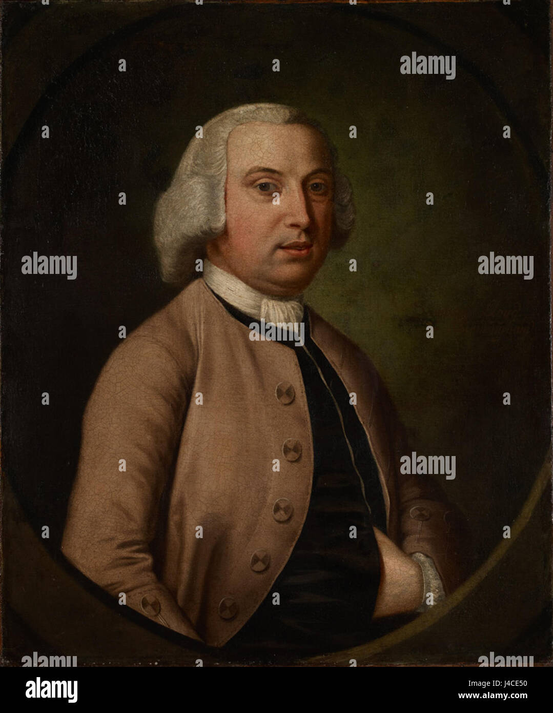 Questo ritratto raffigura Sampson Lloyd II, un notevole mercante e filantropo inglese del XVIII secolo, noto per i suoi contributi allo sviluppo dell'economia industriale di Birmingham. L'opera d'arte mette in risalto il suo status e la sua epoca, dipinta in uno stile tradizionale del XVIII secolo. Foto Stock