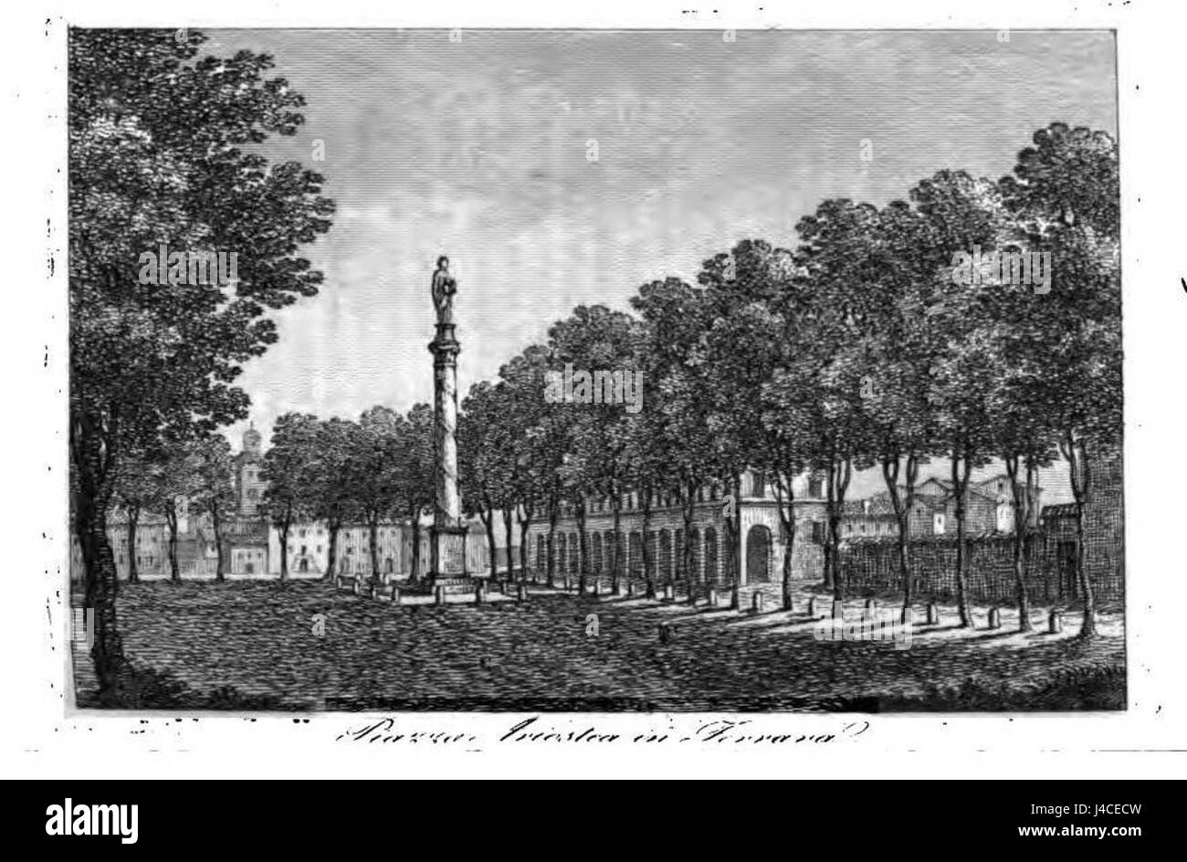 Piazza Ariostea a Ferrara, in Italia, è stata raffigurata in questa illustrazione del 1838, che mostra la disposizione architettonica e urbana della piazza. La piazza rimane un punto di riferimento storico della città, che riflette il design e il significato culturale di Ferrara nel XIX secolo. Foto Stock Piazza Ariostea a Ferrara, in Italia, è stata raffigurata in questa illustrazione del 1838, che mostra la disposizione architettonica e urbana della piazza. La piazza rimane un punto di riferimento storico della città, che riflette il design e il significato culturale di Ferrara nel XIX secolo. Foto Stock
