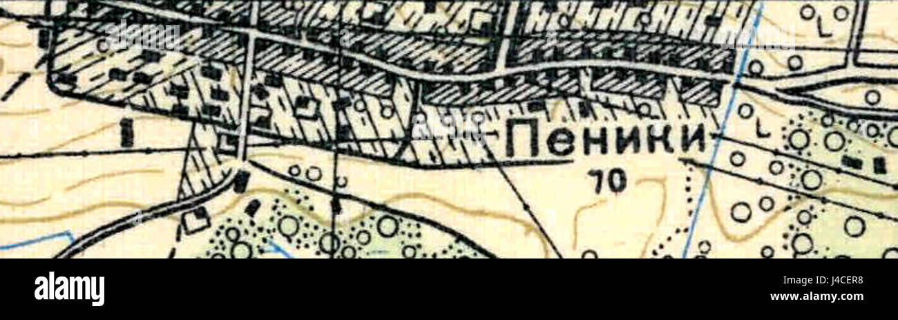 Mappa topografica del villaggio di Peniki nell'Oblast' di Leningrado, URSS, del 1939, con dettagli sulle caratteristiche del terreno. Foto Stock