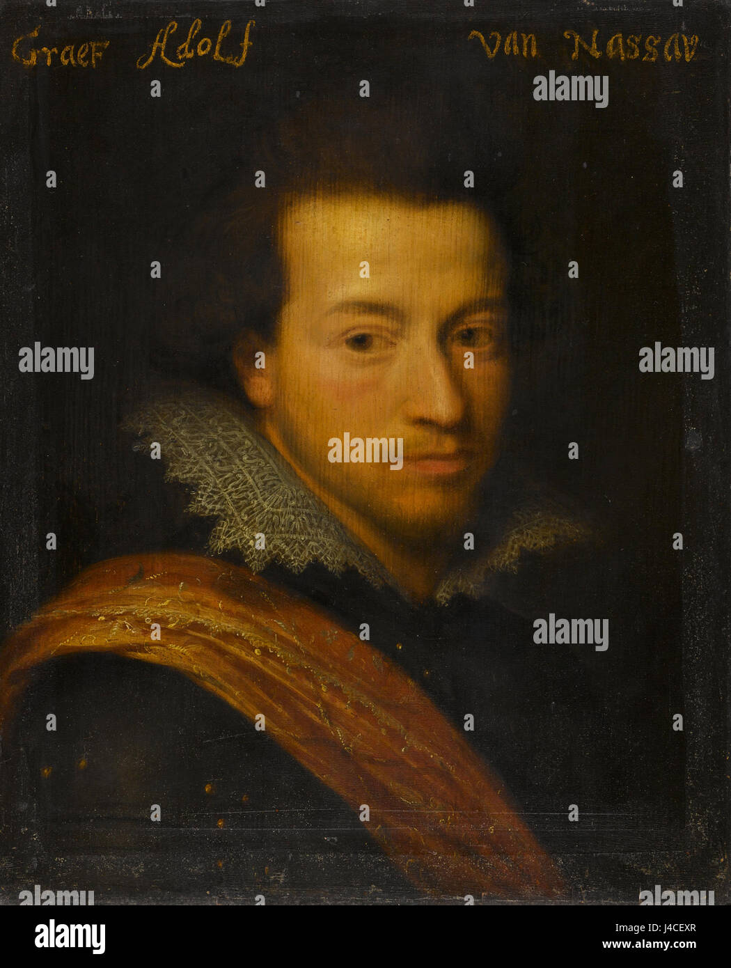 Questo ritratto raffigura Adolfo, conte di Nassau-Siegen, dipinto tra il 1586 e il 1608. È un esempio di ritrattistica europea del tardo Rinascimento, che mostra la moda aristocratica e lo stile artistico del periodo. Foto Stock