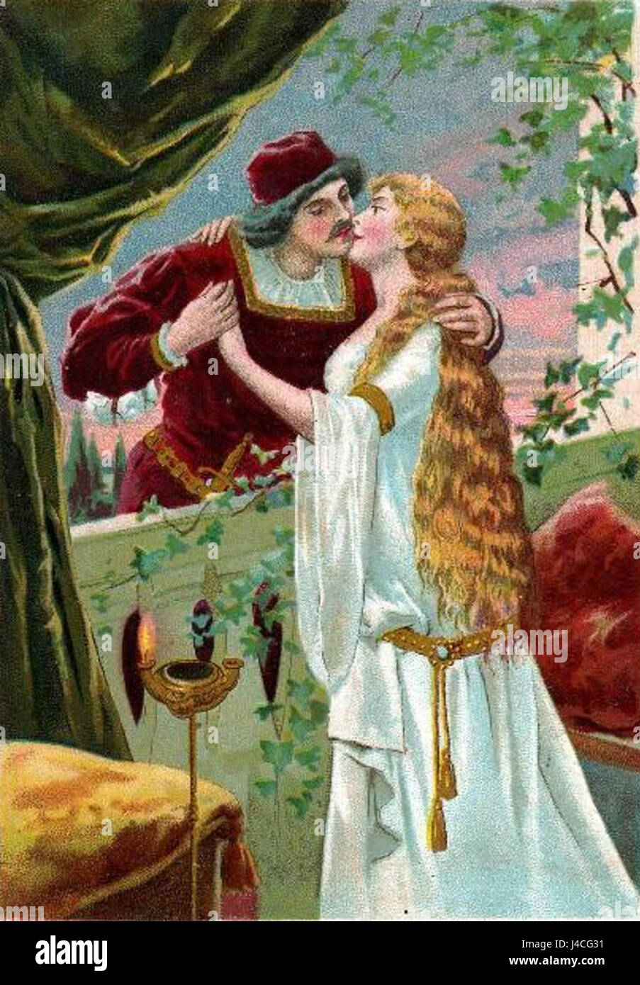 Una cartolina d'epoca risalente al 1900 circa, raffigurante una scena di Romeo e Giulietta di Shakespeareâ, che cattura la tragedia romantica in uno stile artistico. Foto Stock