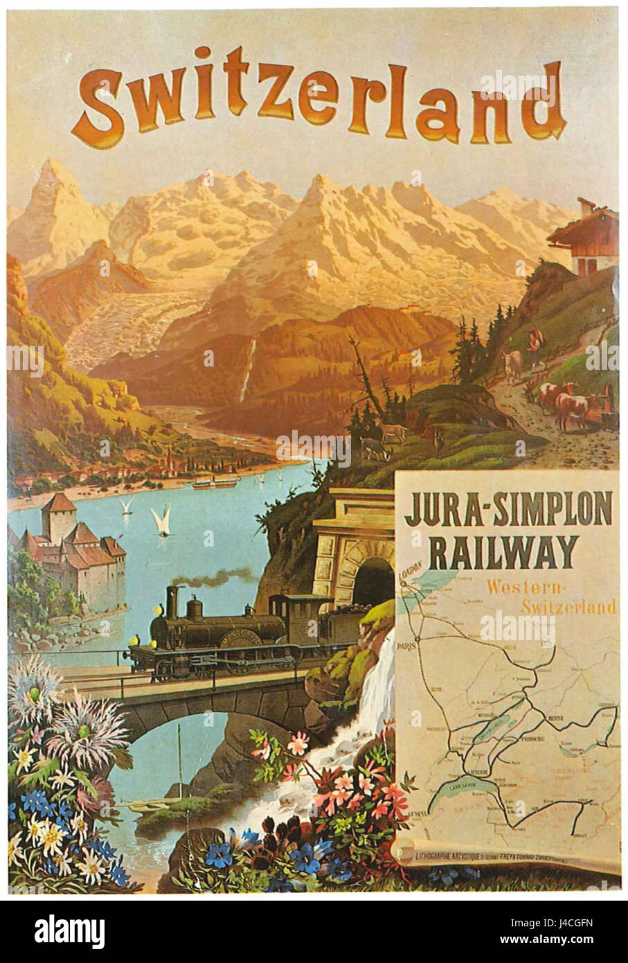 Questo poster del 1890 pubblicizza la ferrovia Giura-Sempione, che mostra una forma storica di trasporto che collega varie regioni della Svizzera. La ferrovia era nota per i suoi percorsi panoramici e fu un importante sviluppo delle infrastrutture svizzere. Foto Stock