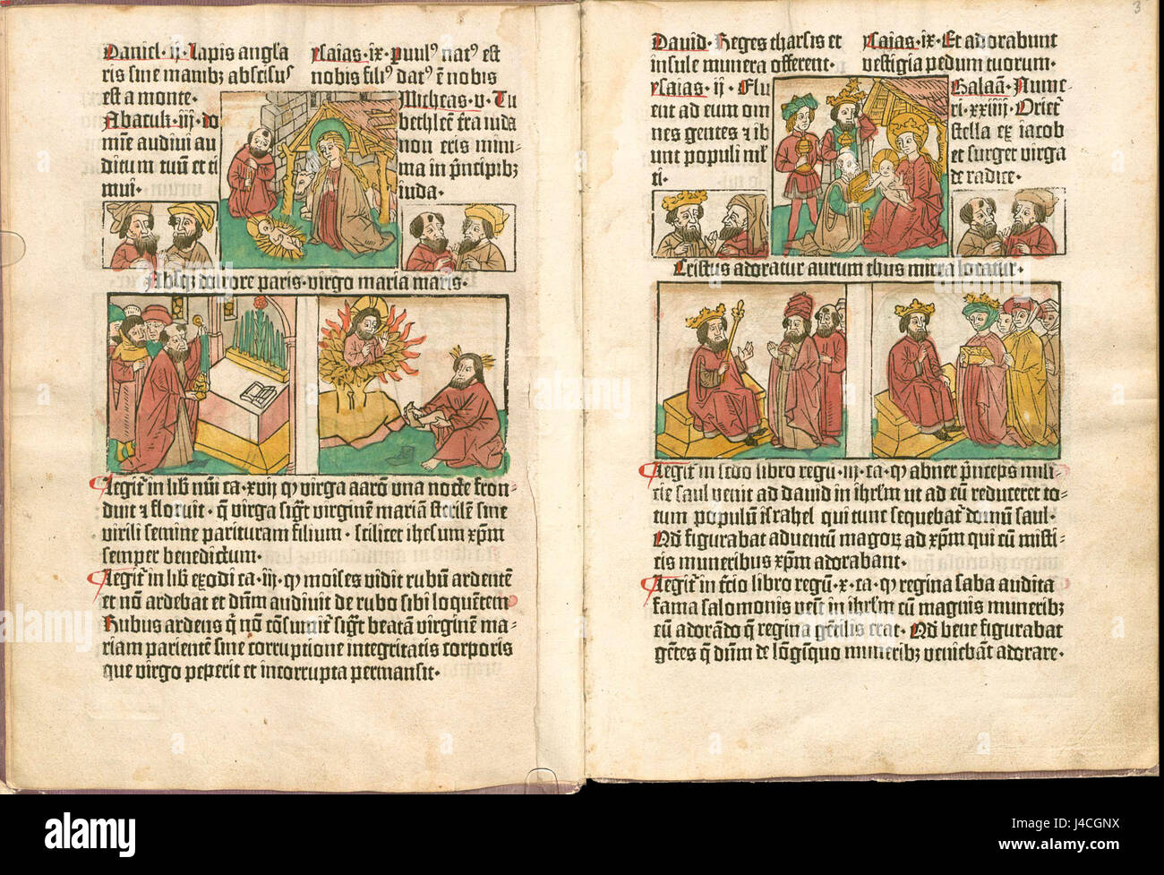 Il "Biblia Pauperum" di Pfister è un libro medioevale realizzato per illustrare storie bibliche per i poveri. Le sue immagini semplici ma potenti servivano come aiuto visivo per diffondere insegnamenti religiosi, specialmente in un periodo in cui molti non riuscivano a leggere. Questo lavoro ha svolto un ruolo significativo nell'educazione religiosa durante il periodo medievale. Foto Stock