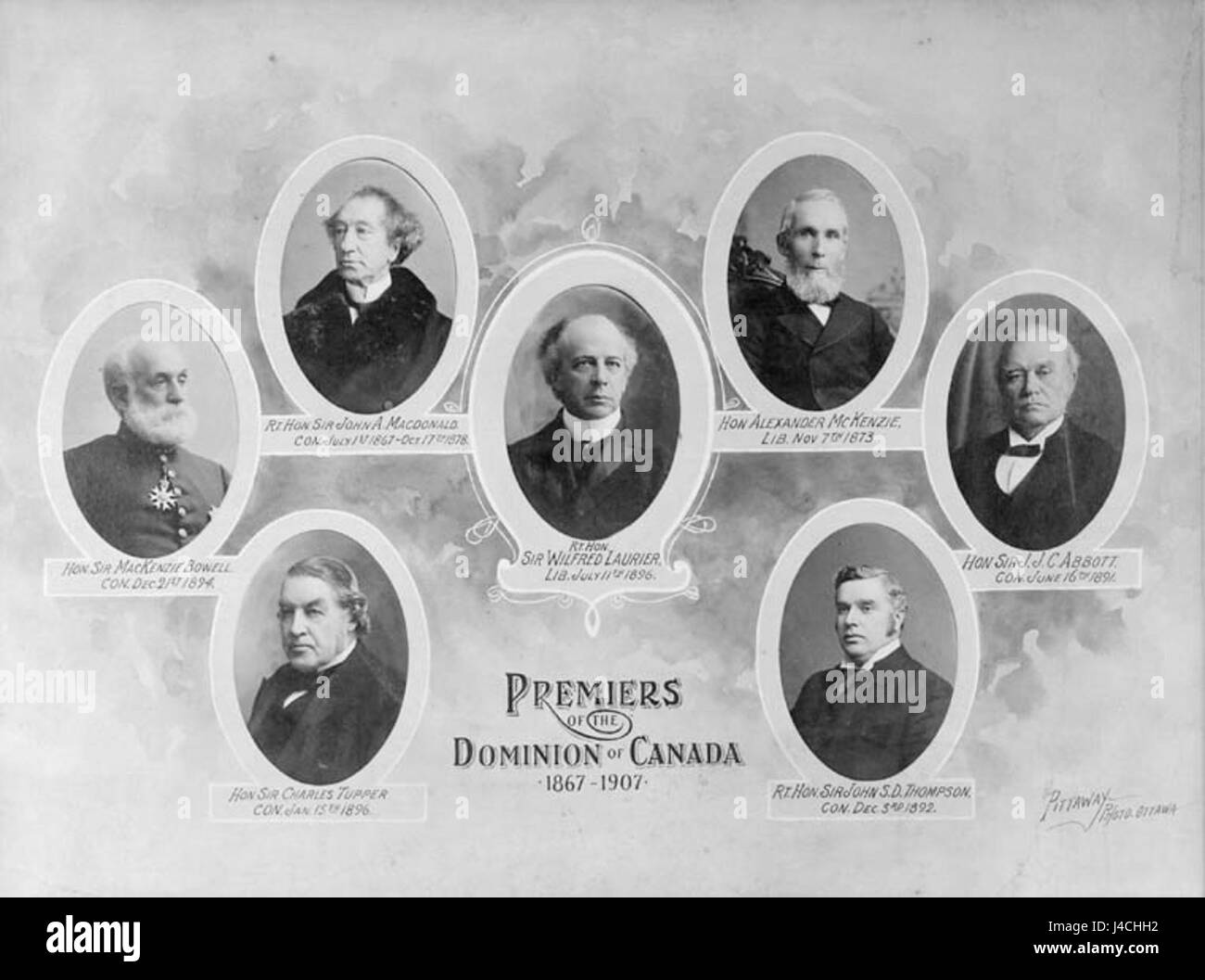 Un riferimento a un documento o una compilazione che elenca i primi ministri del Canada, evidenziando i loro ruoli e contributi alla storia politica del paese. Foto Stock